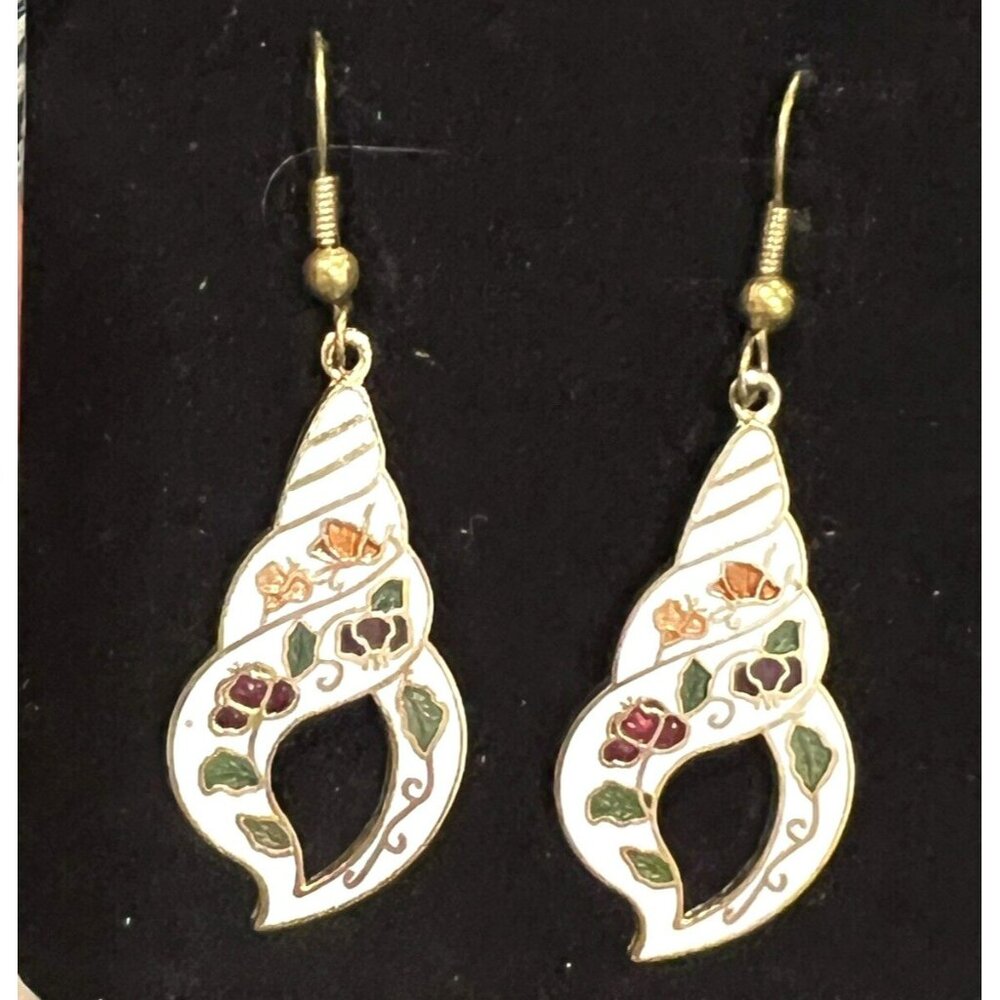 VTG Cloisonne Enamel Earrings‎ White Shells Butterfly Flowers ~ Pierced 1.5"